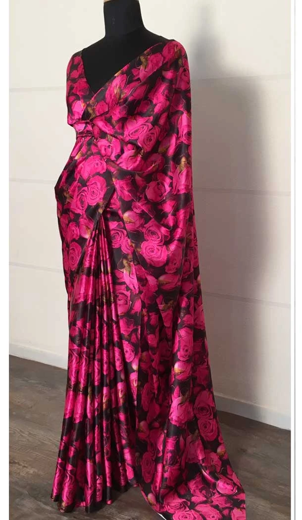 Multi Color Printed Work Japan Satin Silk Designer Casual Party Wear Saree - 4685156679