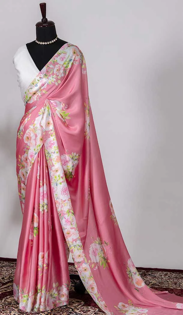Pink Color Japan Satin Silk Printed Work Casual Party Wear Saree -4685156689 Pink Color Japan Satin Silk Printed Work Casual Party Wear Saree -4685156689
