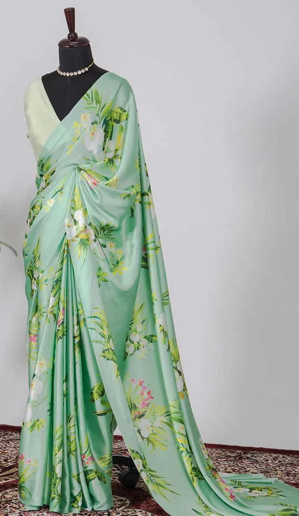 Pista Color Japan Satin Silk Printed Work Casual Party Wear Saree -4685156690