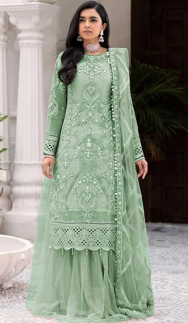 Party Wear Pista Color Net Embroidery Diamond Work Palazzo Suit -4687156705