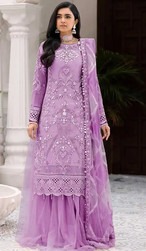 Party Wear Light Purple Net Embroidery Diamond Work Palazzo Suit -4687156707