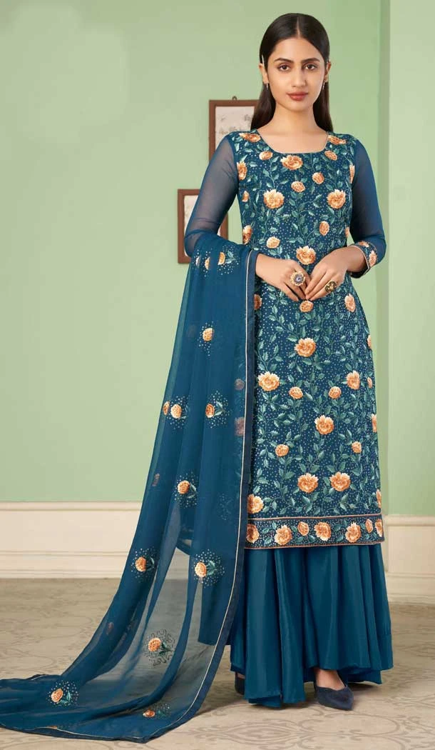 Teal Blue Color Georgette Embroidery Work Party Wear Palazzo Salwar Suit -4688156708