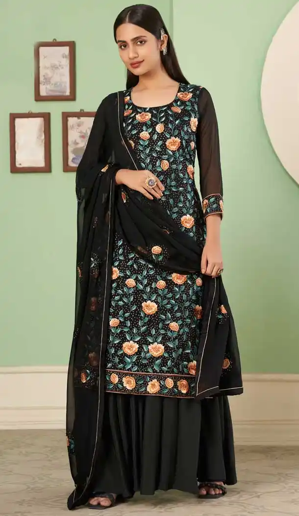 Black Color Georgette Embroidery Work Party Wear Palazzo Salwar Suit -4688156709