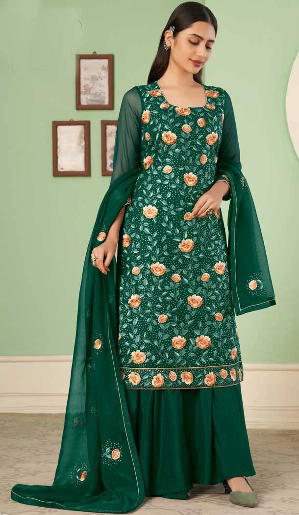 Green Color Georgette Embroidery Work Party Wear Palazzo Salwar Suit -4688156710