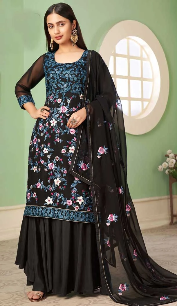 Party Wear Black Color Georgette Embroidery Work Palazzo Salwar Suit -4688156712