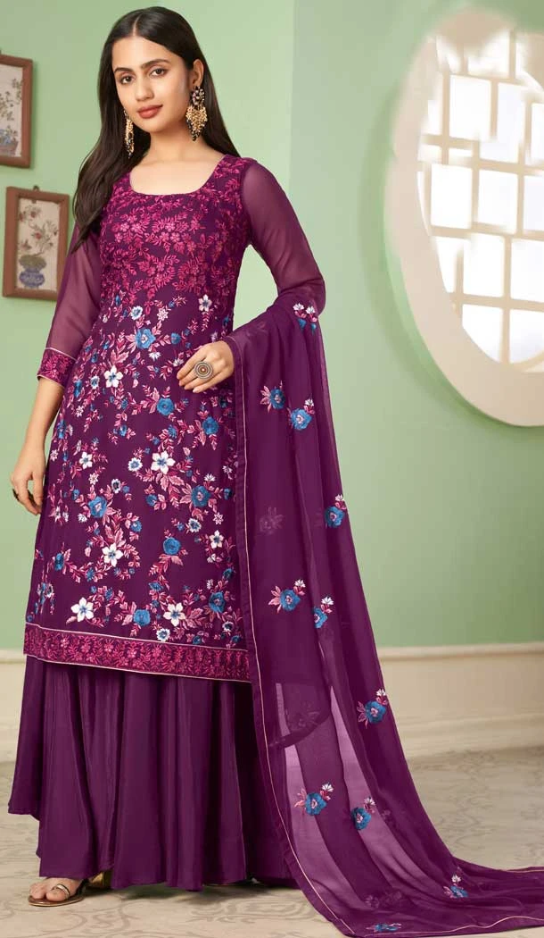 Purple Color Georgette Embroidery Work Party Wear Palazzo Salwar Suit -4688156713