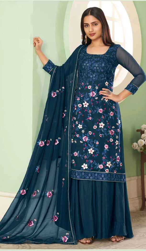 Party Wear Teal Blue Color Georgette Embroidery Work Palazzo Salwar Suit -4688156714