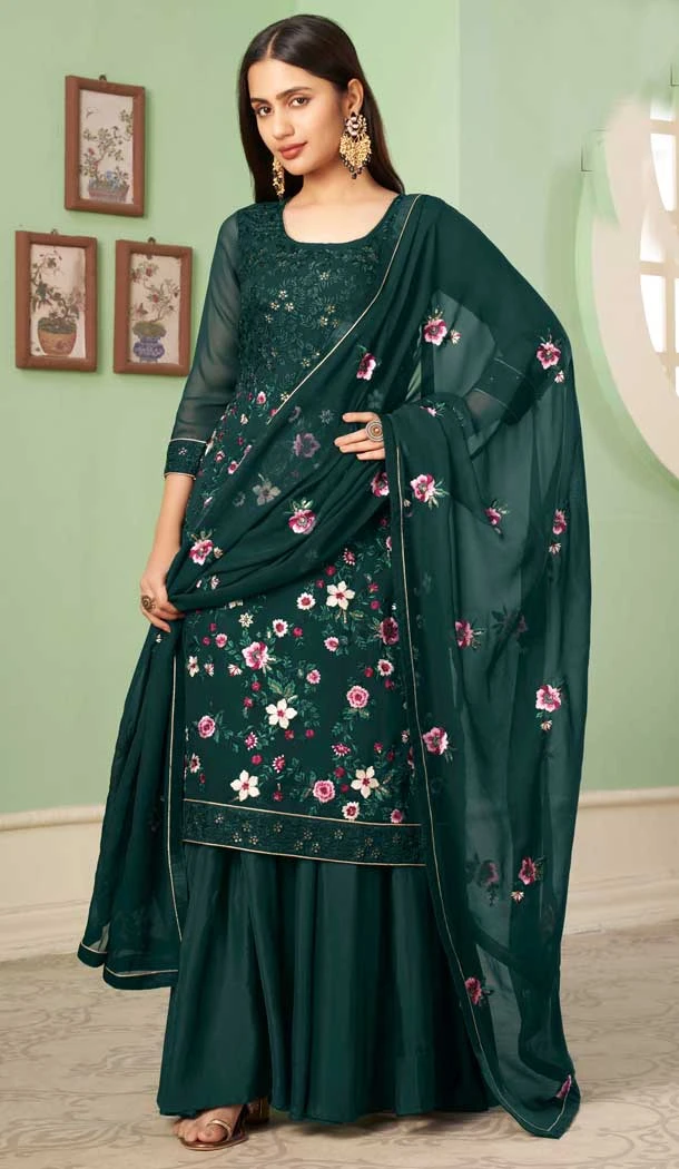 Georgette Green Color Embroidery Work Party Wear Palazzo Salwar Suit -4688156715