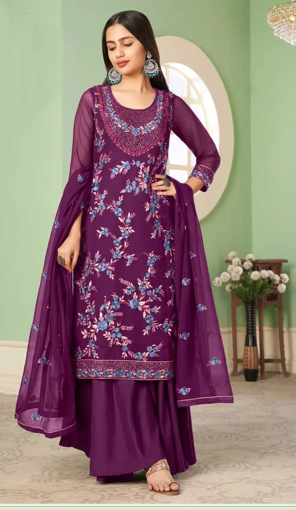 Party Wear Purple Color Georgette Embroidery Work Palazzo Salwar Suit -4688156717