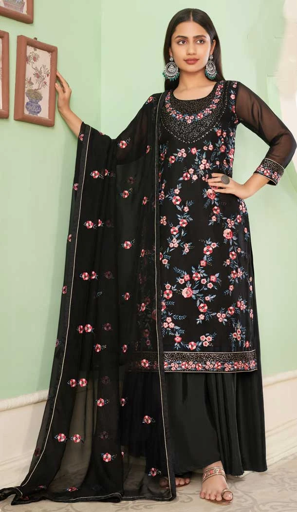Georgette Embroidery Work Black Color Party Wear Palazzo Salwar Suit -4688156718