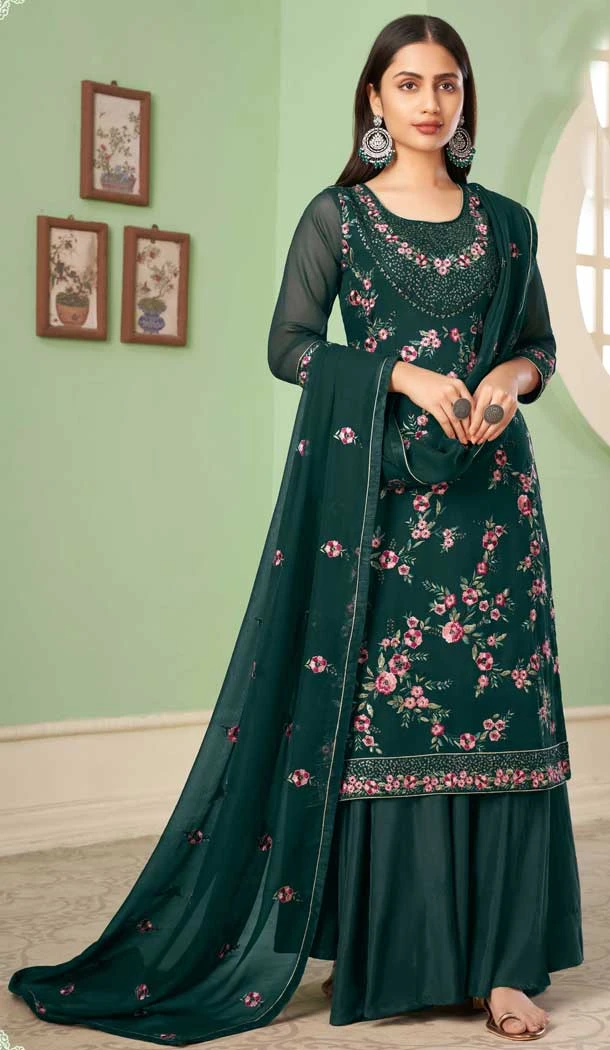 Party Wear Green Color Georgette Embroidery Work Palazzo Salwar Suit -4688156719