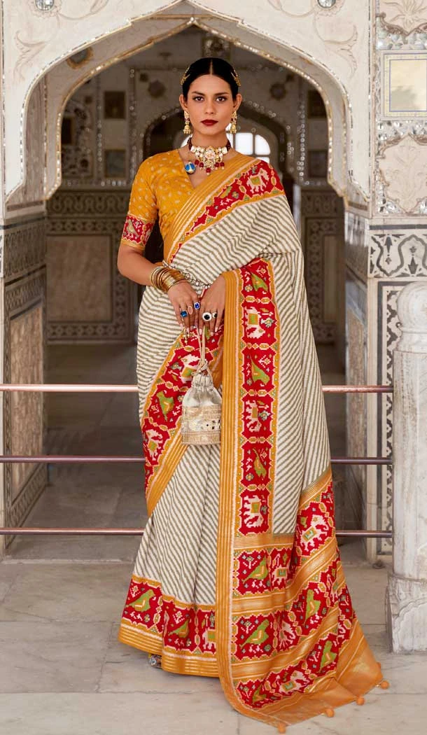 Off White Color Patola Silk Print Work Traditional Casual Wear Saree Blouse -4595155804