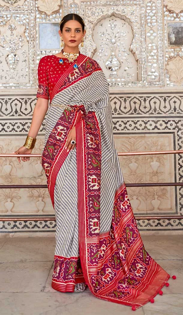 Red Color Patola Silk Print Work Traditional Casual Wear Saree Blouse -4595155805