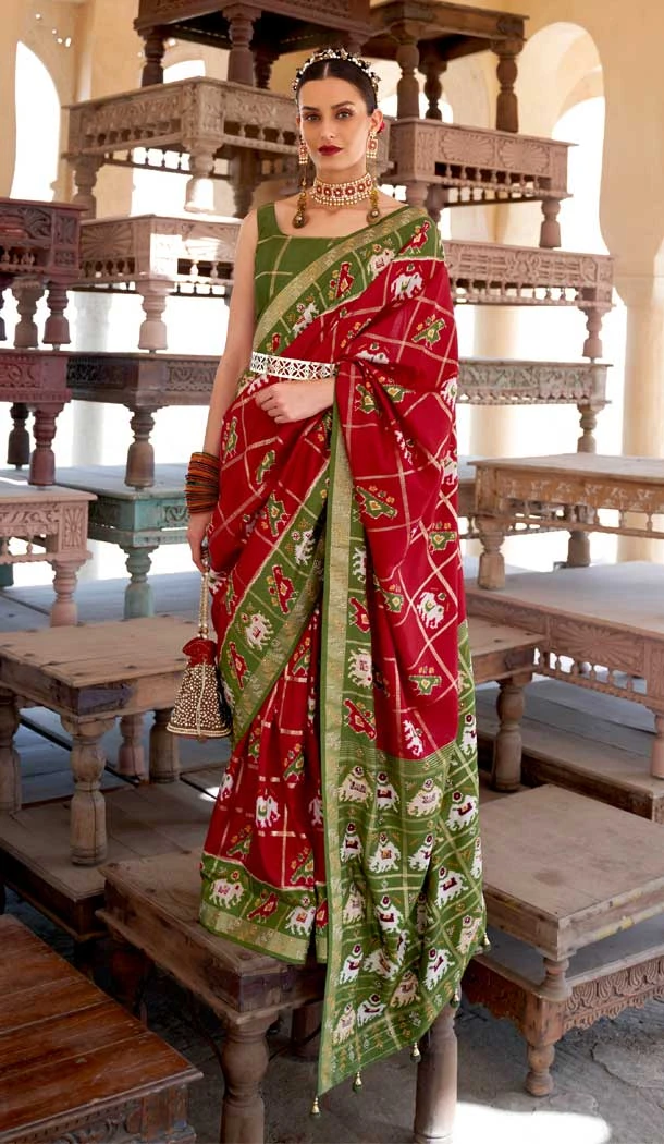 Red Color Smuth Patola Print Traditional Party Wear Plus Size Saree -4597155817