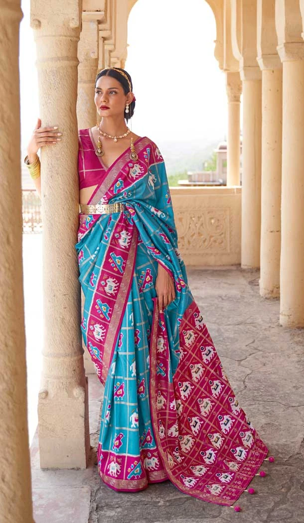 Sky Blue Color Smuth Patola Print Traditional Party Wear Plus Size Saree -4597155819