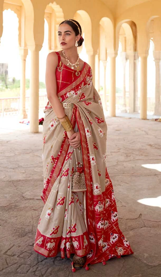 Light Beige Color Smuth Patola Print Traditional Party Wear Plus Size Saree -4597155820