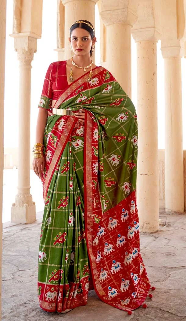 Green Color Smuth Patola Print Traditional Party Wear Plus Size Saree -4597155821