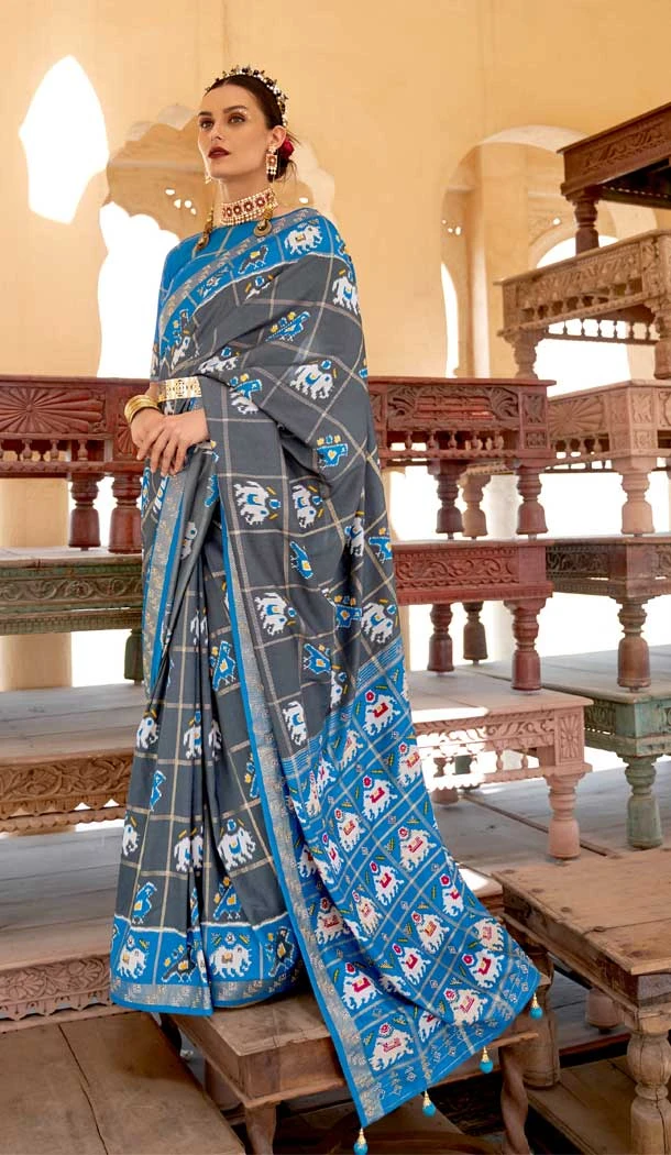 Grey Color Smuth Patola Print Traditional Party Wear Plus Size Saree -4597155822