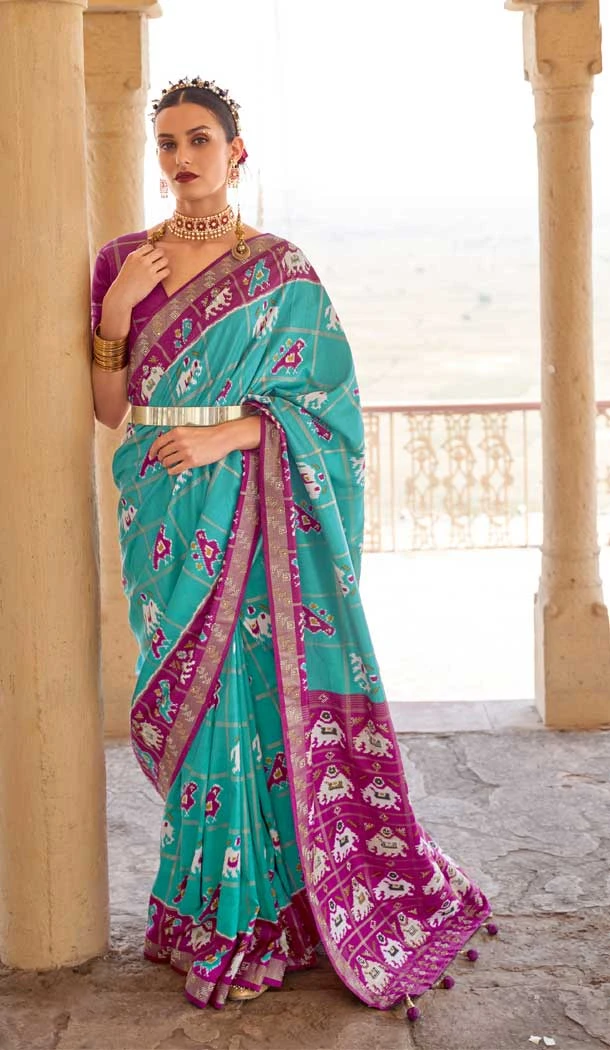 Sea Green Color Smuth Patola Print Traditional Party Wear Plus Size Saree -4597155823