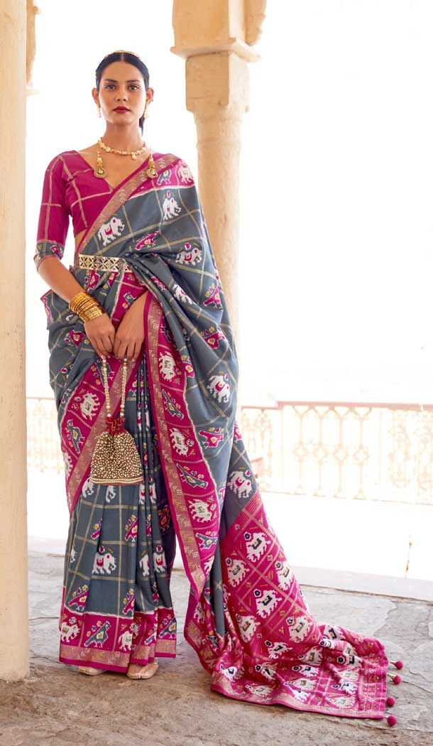 Grey And Pink Color Smuth Patola Print Traditional Party Wear Plus Size Saree -4597155825