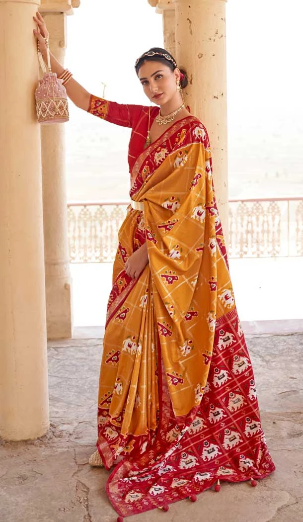 Mustard Color Smuth Patola Print Traditional Party Wear Plus Size Saree -4597155826