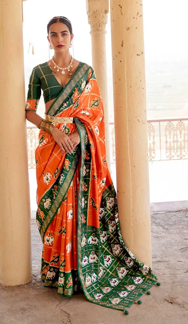Orange Color Smuth Patola Print Traditional Party Wear Plus Size Saree -4597155827