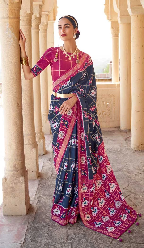 Blue And Pink Color Smuth Patola Print Traditional Party Wear Plus Size Saree -4597155828