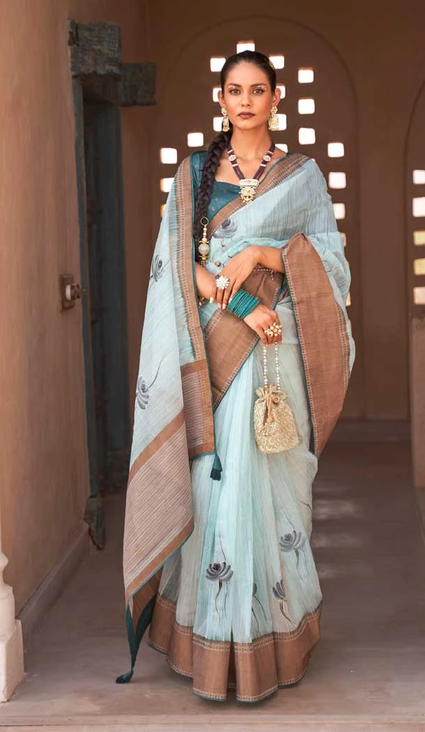 Sky Blue Color Mustrise Kora Silk Weaving Work Traditional Party Wear Saree -4598155834