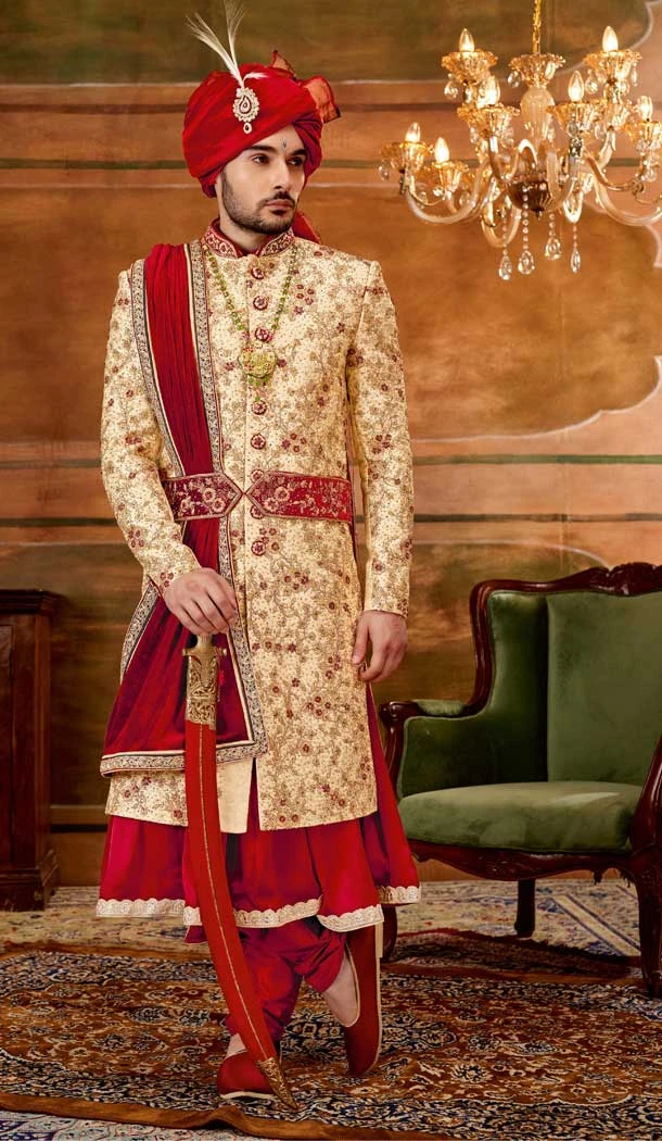 Gold Color Jacquard Weaving Work Wedding Wear Plus Size Men's Sherwani -4677156621