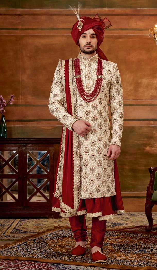 Art Silk Cream Color Embroidery Work Wedding Wear Plus Size Men's Sherwani -4677156623