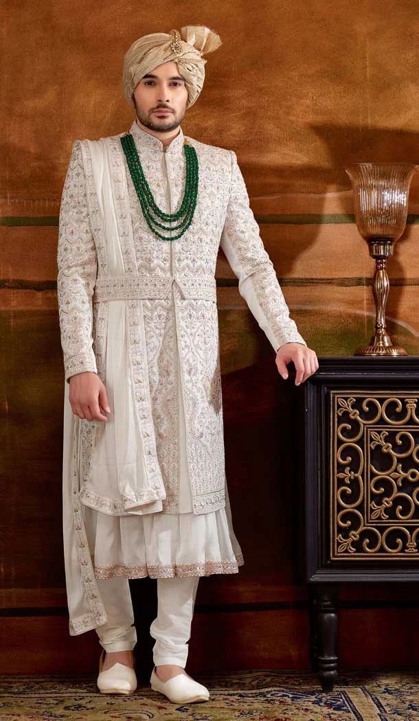 White Color Art Silk Weaving Work Wedding Wear Plus Size Men's Sherwani -4677156624
