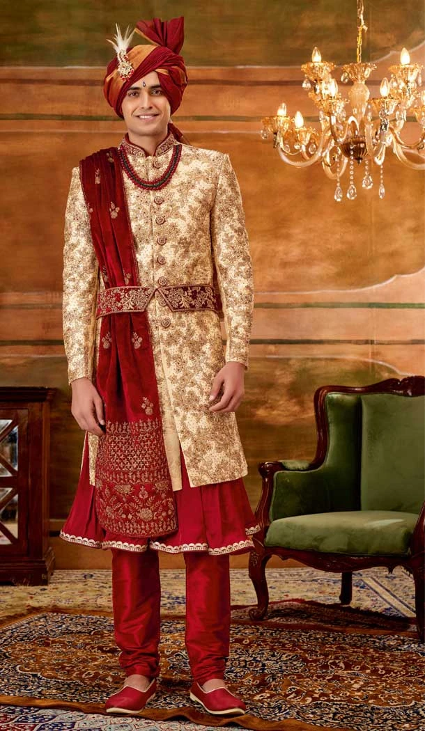 Wedding Wear Gold Color Jacquard Weaving Work Plus Size Men's Sherwani -4677156625