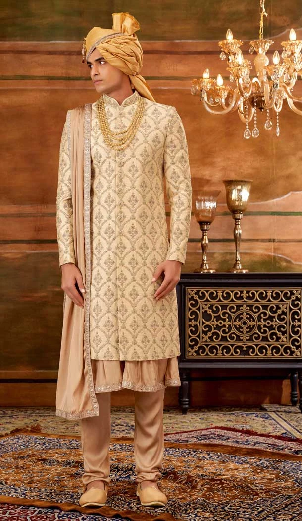 Embroidery Work Gold Color Art Silk Wedding Wear Plus Size Men's Sherwani -4677156627
