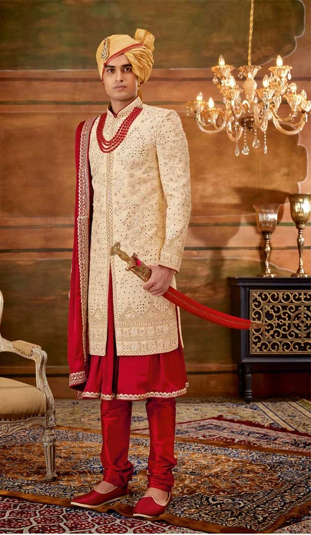 Wedding Wear Gold Color Weaving Work Art Silk Plus Size Men's Sherwani -4677156629