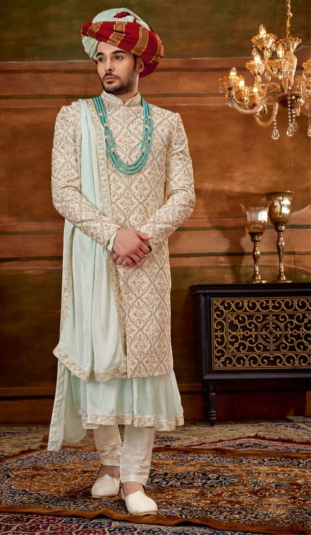 Weaving Work Cream Color Art Silk Wedding Wear Plus Size Men's Sherwani -4677156630