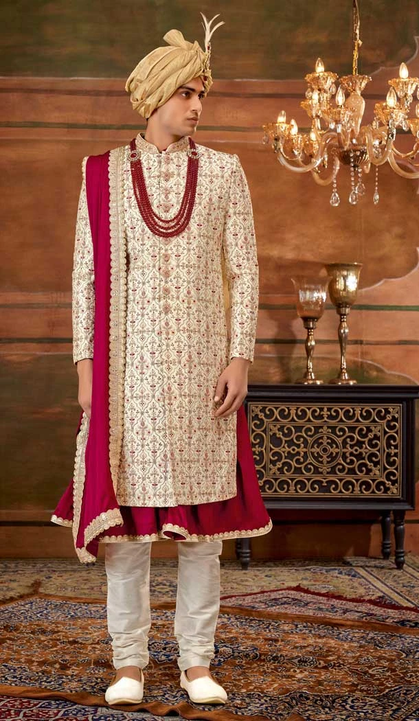 Embroidery Work Cream Color Art Silk Wedding Wear Plus Size Men's Sherwani -4677156631