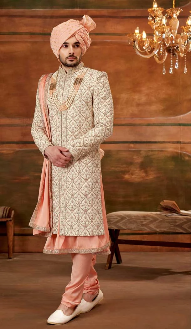 Wedding Wear Embroidery Work Cream Color Art Silk Plus Size Men's Sherwani -4677156632