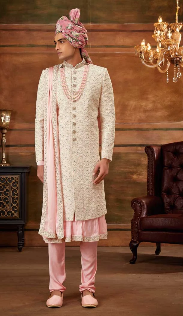 Cream Color Georgette Weaving Work Wedding Wear Plus Size Men's Sherwani -4677156633