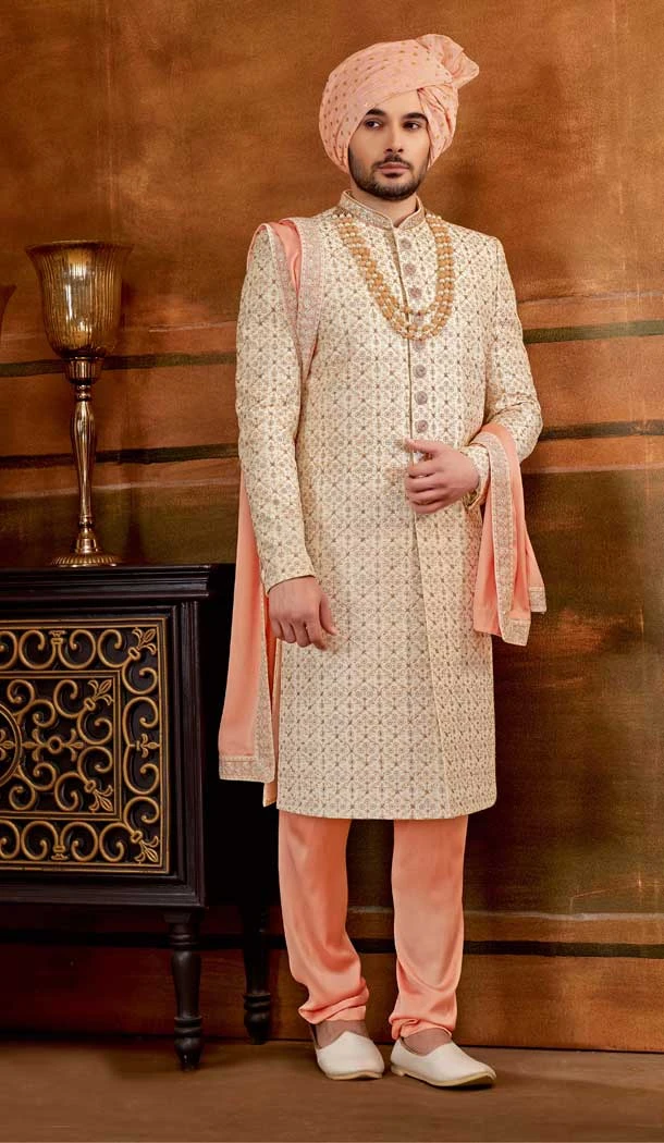 Cream Color Art Silk Embroidery Work Wedding Wear Plus Size Men's Sherwani With Stole -4677156635