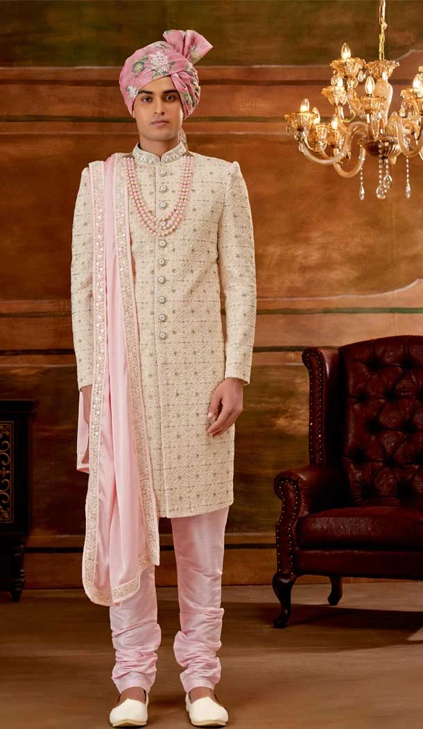 Elegant Cream Color Art Silk Embroidery Work Wedding Wear Plus Size Men's Sherwani With Stole -4677156636