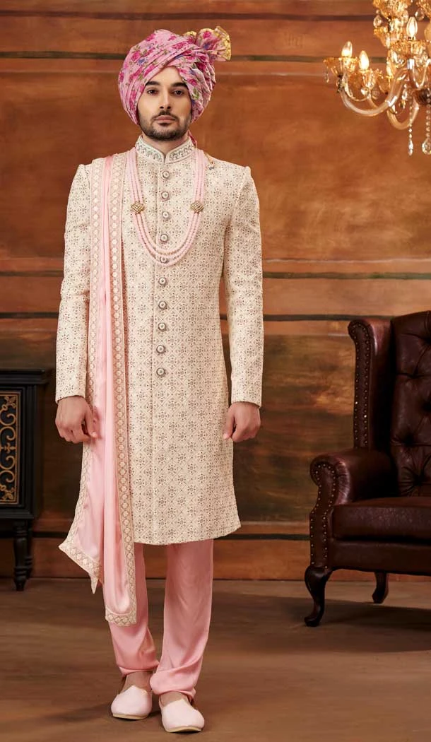 Weaving Work Cream Color Georgette Wedding Wear Plus Size Men's Sherwani -4677156638