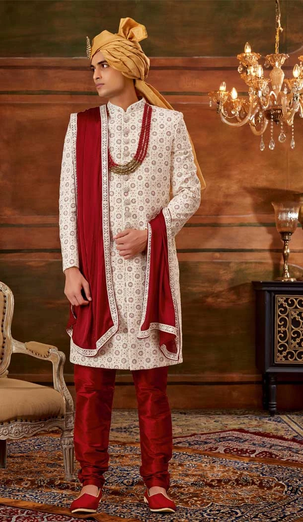 Wedding Wear Cream Color Georgette Weaving Work Plus Size Men's Sherwani -4677156639