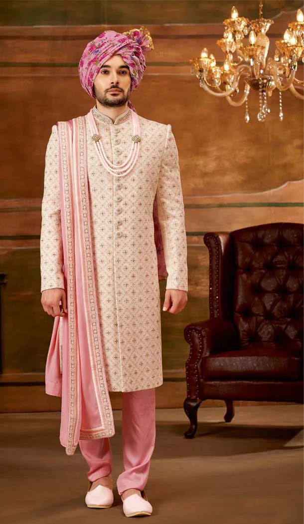 Weaving Work Georgette Cream Color Wedding Wear Plus Size Men's Sherwani -4677156640