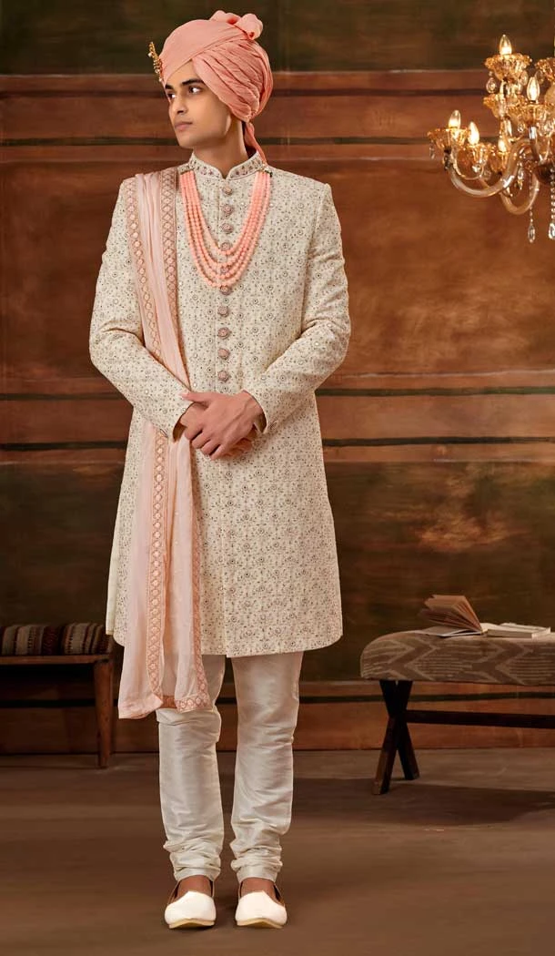 Designer Georgette Cream Color Weaving Work Wedding Wear Plus Size Men's Sherwani -4677156641