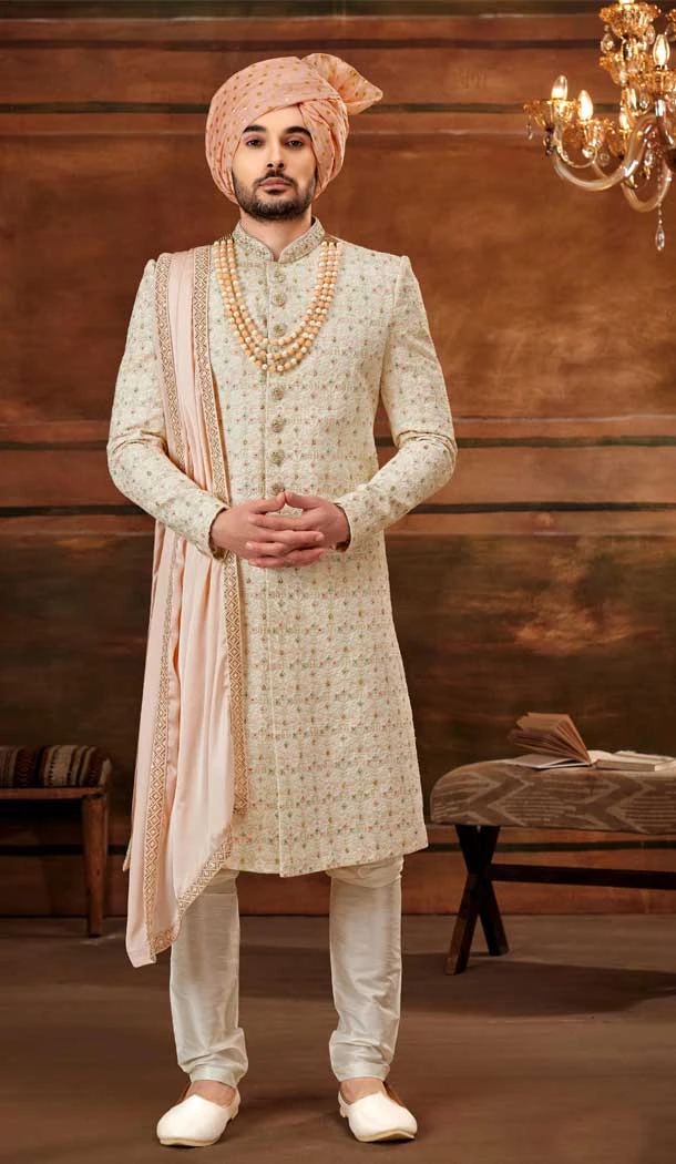 Wedding Wear Cream Color Georgette Weaving Work Designer Plus Size Men's Sherwani -4677156642