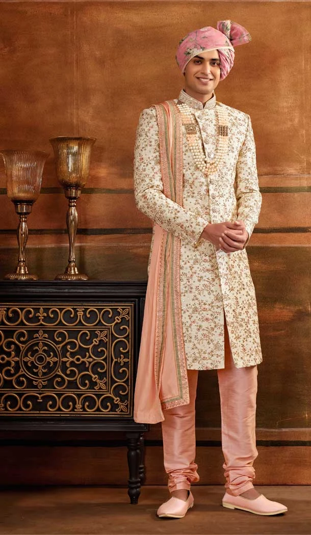 Contemporary Cream Art Silk Weaving Work Designer Wedding Wear Plus Size Men's Sherwani -4677156645
