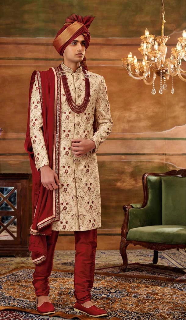 Wedding Wear Gold Color Art Silk Embroidery Work Plus Size Men's Sherwani -4677156646
