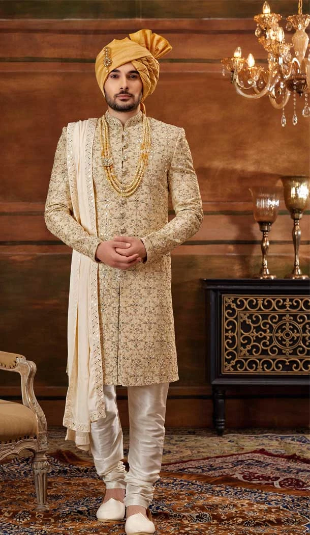 Weaving Work Wedding Wear Gold Color Art Silk Plus Size Men's Sherwani -4677156647