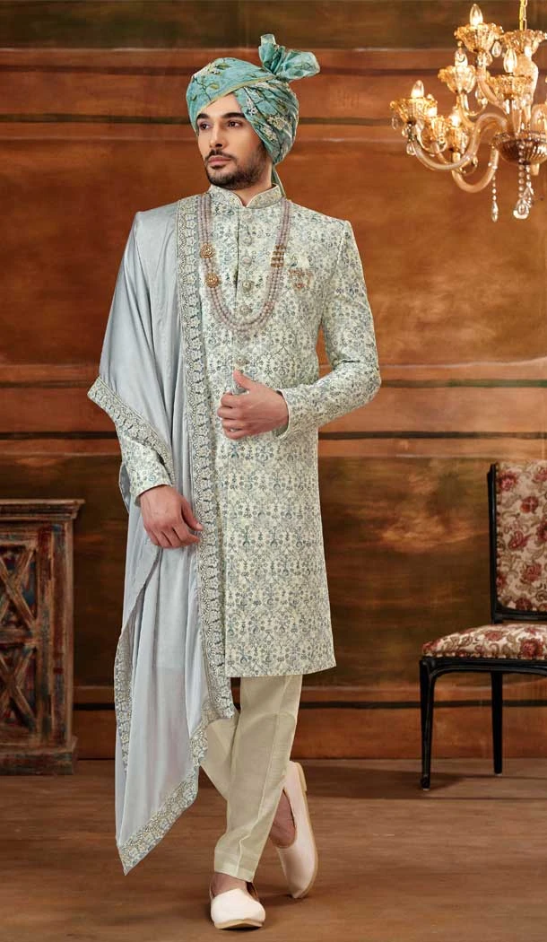 Cream & Greyish Blue Color Art Silk Embroidery Work Wedding Wear Plus Size Men's Sherwani -4677156651