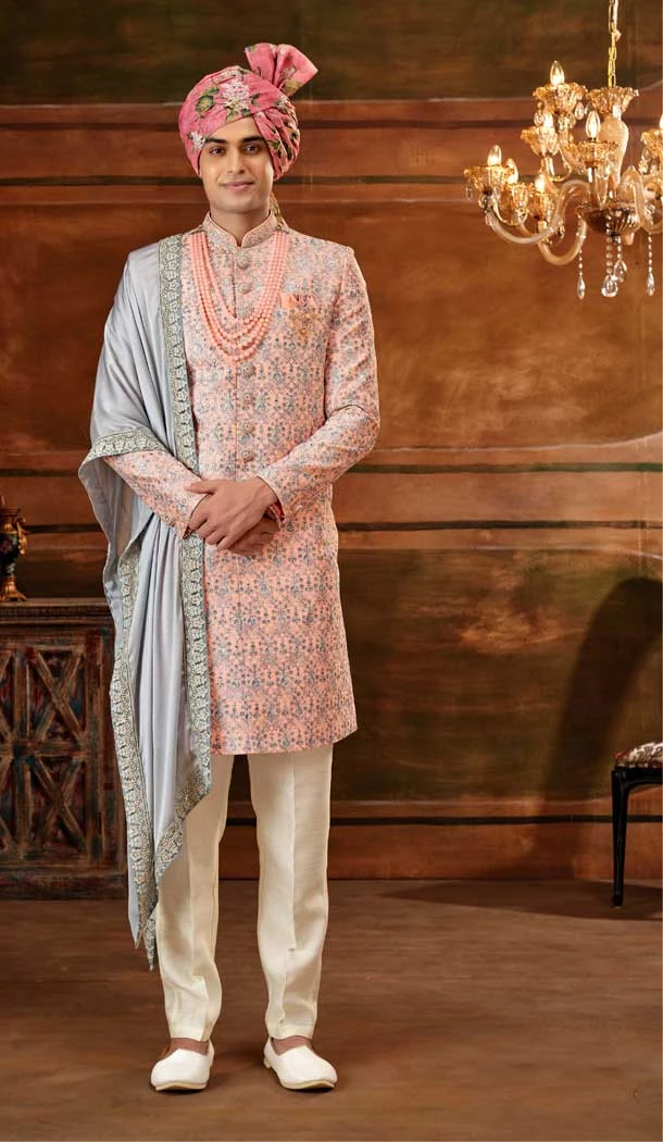 Peach & Greyish Blue Color Art Silk Embroidery Work Wedding Wear Plus Size Men's Sherwani -4677156652